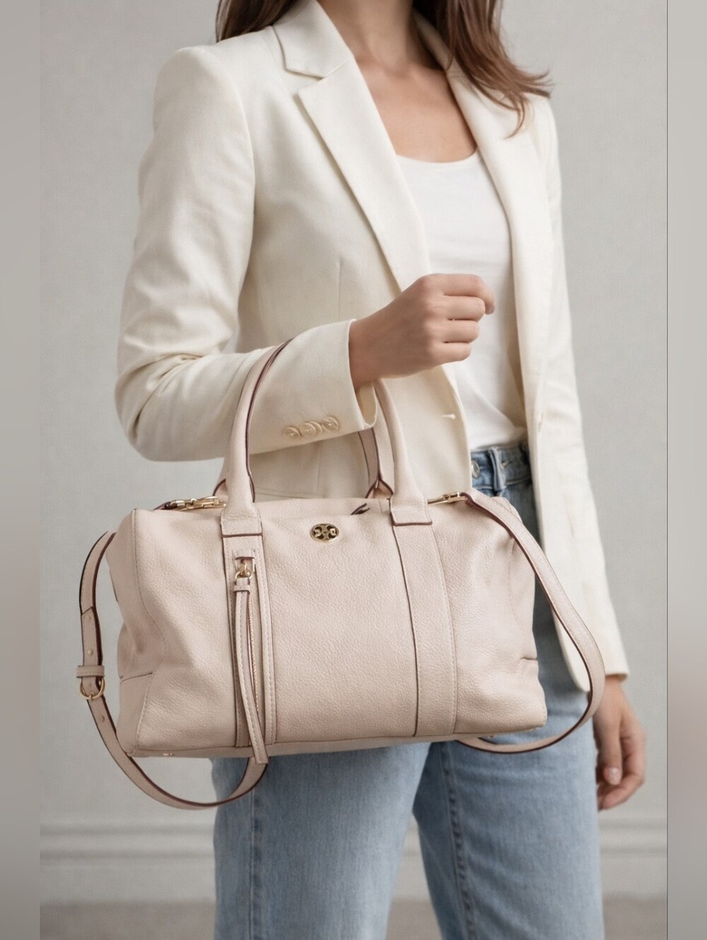 Tory Burch Brody Grained Leather Satchel/Crossbody Large 12.5"×8.5"×6" Light Oak